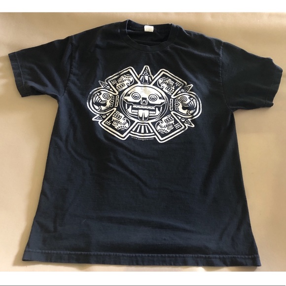 PRE-WORN AZTECA PRINT BLACK TEE SIZE LARGE UNISEX - Picture 1 of 5